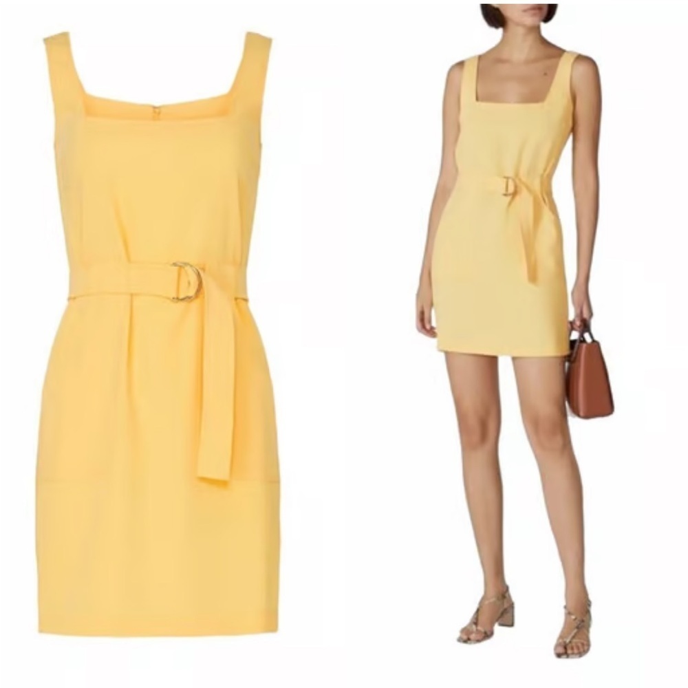 Amanda Uprichard Lemon Square-Neck Mini Dress With D-Ring Belt